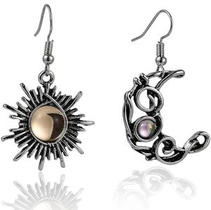 Antiqued Silver Sun Moon Dangle Earrings